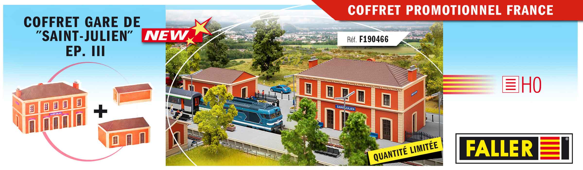 Le coffret promotionnel France est composé de 3 éléments, la gare, l'aile et l'abri de quai.